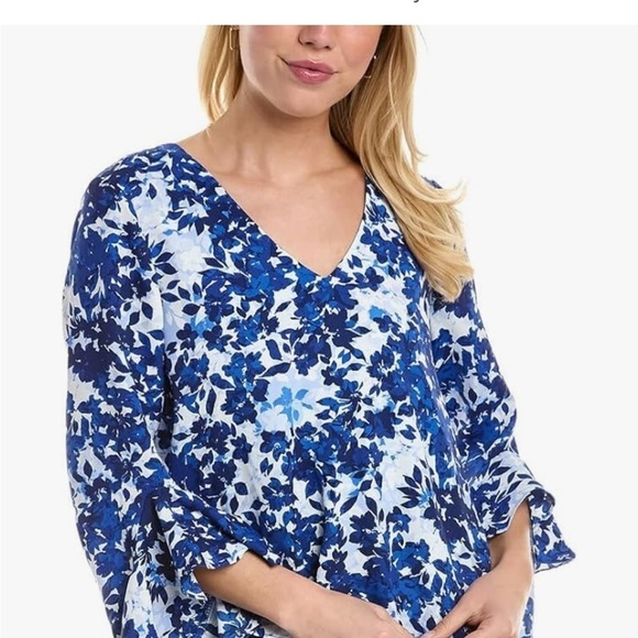 Vince Camuto Flutter Sleeve V-Neck Layered Navy White Leaves Womens Oversized XS - Picture 2 of 16